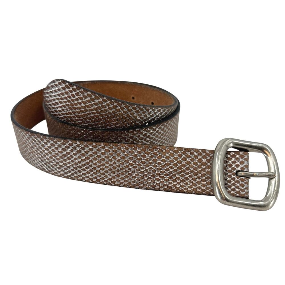 VTG Y2K Fossil Leather Belt Medium Brown Silver Snakeskin Embossed Buckle